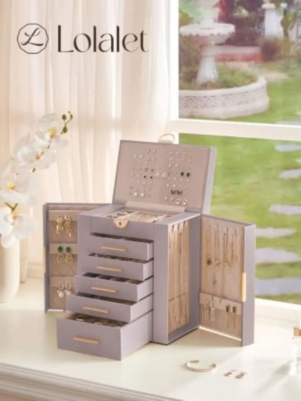 Large 6-Layer Jewelry Organizer Box with 5 Drawers - Stylish Purple Storage